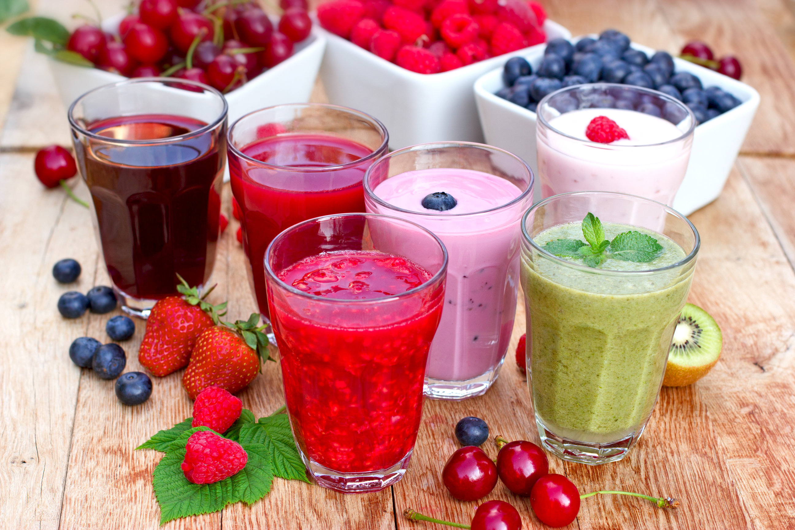 Organic smoothies, fruit yogurt and juices